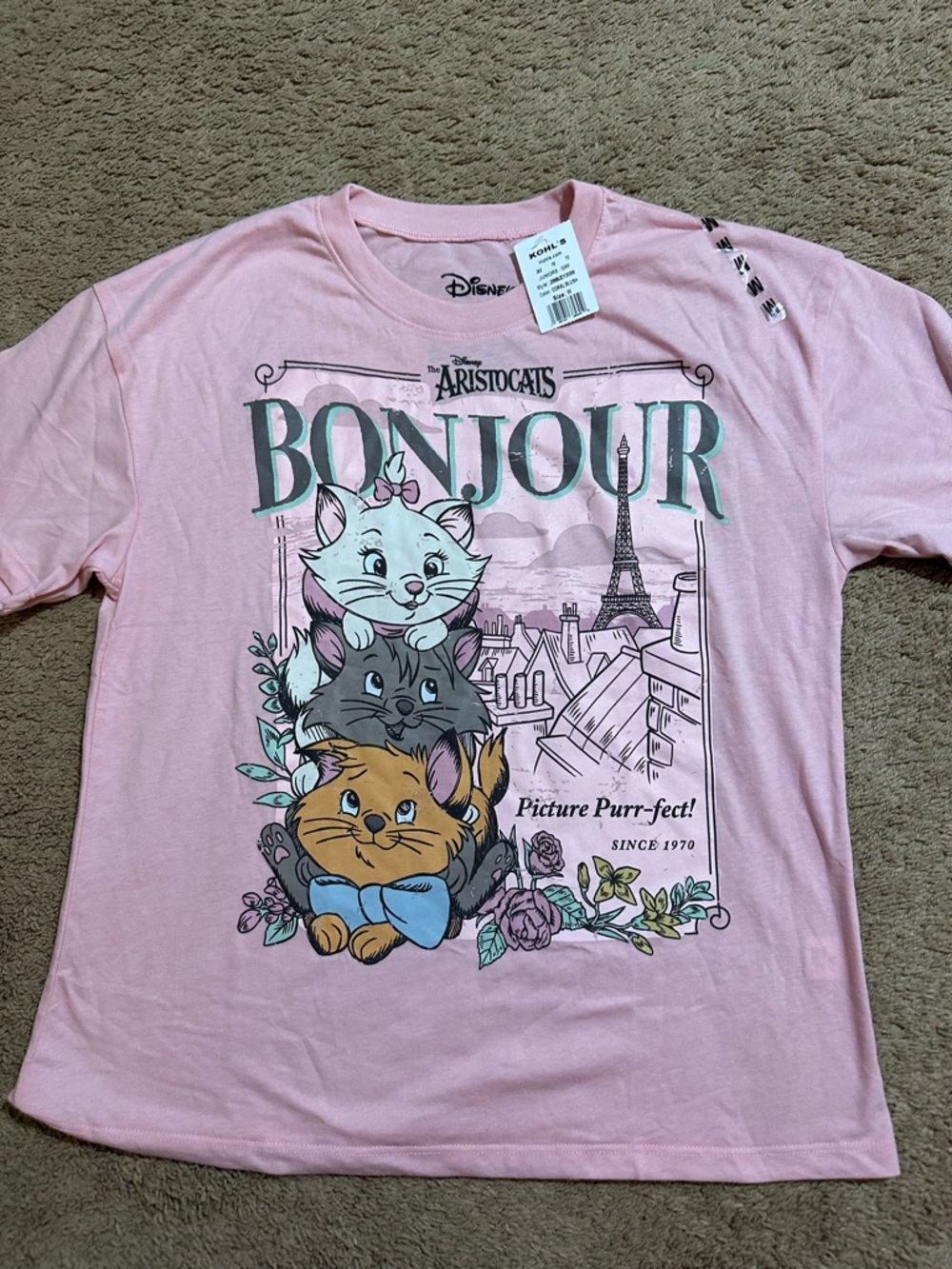 Disney Aristocats BONJOUR Pink Graphic Tshirt Junior Women’s Size Medium New